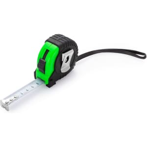 A tape measure with a black and green casing, featuring a metal clip and retractable measuring tape.