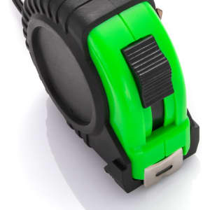 A black and green tape measure with a locking mechanism and metal hook for easy use.