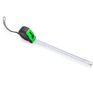 A tape measure with a black casing and green accents, featuring a retractable measuring tape.