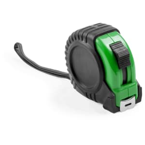 A black and green tape measure featuring a textured grip and a retractable measuring tape.