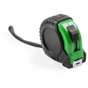 A green and black Grade 3m tape measure with a textured casing and a retractable black measuring tape.