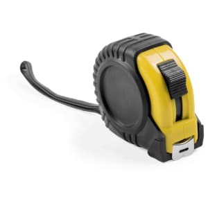 A tape measure with a black and yellow casing, featuring a retractable measuring tape and a locking mechanism.
