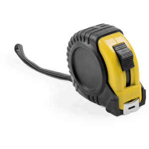A black and yellow tape measure with a rubberised casing and a metal clip on the end. It has a branding logo.