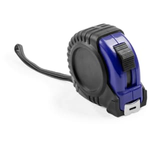 A tape measure with a blue and black casing, featuring a retractable measuring tape and a locking mechanism.