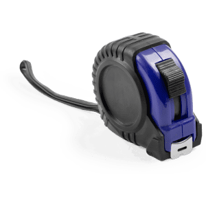 A tape measure with a blue and black casing, featuring a retractable measuring tape. It has a logo on the side.