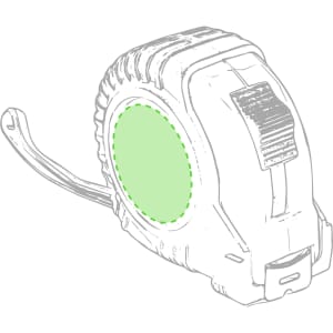 A green and grey tape measure with a textured grip and retractable measuring tape. It features a circular logo area.