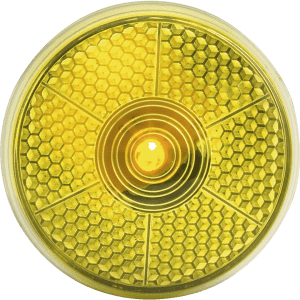 A circular, honeycomb-patterned yellow security light with a central bulb, featuring branding on the surface.