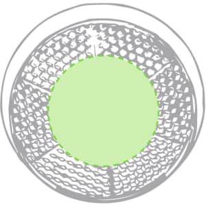 A circular security light with a green centre surrounded by a mesh pattern in grey tones. Features a logo.