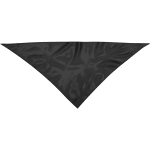 A triangular black neckerchief made of smooth fabric, featuring a logo in the corner.