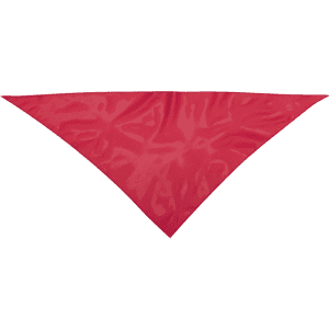 A bright red neckerchief in a triangular shape, made from smooth fabric. It features a branding logo.