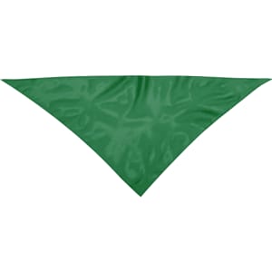 A green triangular neckerchief made of shiny fabric, featuring a logo.