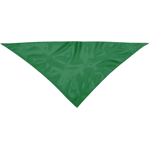 A green Plus Neckerchief in a triangular shape, made from smooth fabric, with a logo in one corner.