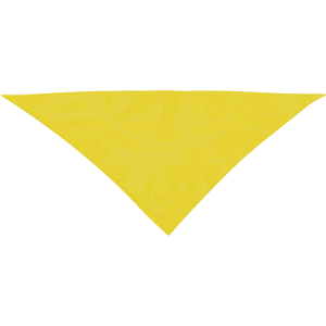 A bright yellow triangular neckerchief with a smooth texture, featuring a logo.
