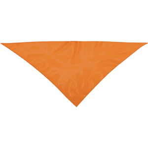 An orange triangular neckerchief, made from a smooth fabric. It features a logo on one side.