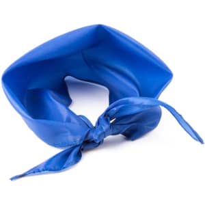 A bright blue neckerchief tied in a knot, featuring a smooth, shiny fabric.