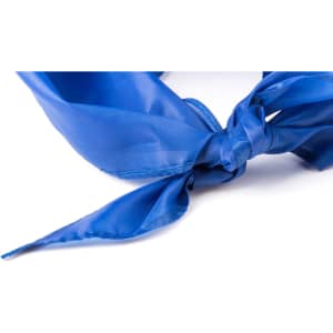 A blue neckerchief tied in a knot, showcasing its smooth, satin-like texture. It features a logo on the fabric.
