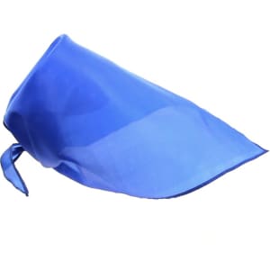 A blue neckerchief with a smooth texture, featuring a tied ends design, and includes a logo.