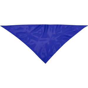A blue triangular neckerchief made of smooth fabric, featuring a logo.