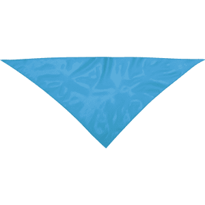 A triangular neckerchief in a vibrant light blue colour, featuring a subtle sheen and a logo.