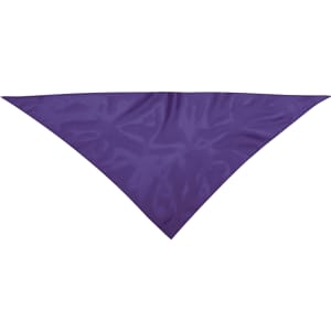 A purple neckerchief in a triangular shape, made from a smooth fabric, with a logo present.