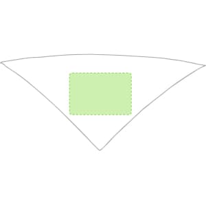 A triangular neckerchief in white with a green rectangular section displayed in the centre. It features a brand logo.