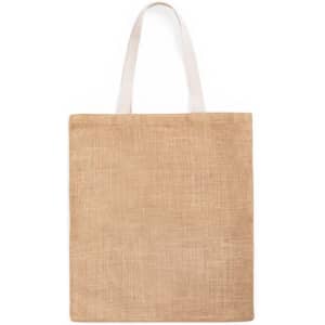 A natural jute tote bag with light-coloured handles and a plain surface, featuring a branding logo.