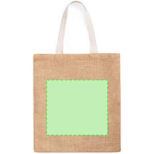 A beige tote bag with a light green square patch and two shoulder straps, featuring a logo.