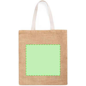 A natural jute tote bag with light green blank space in the centre and cream-coloured handles, featuring a logo.