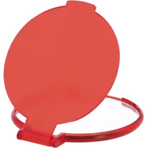 A red pocket mirror with a circular design and a stand, featuring a transparent base and a logo.