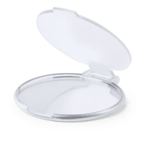 A round, clear pocket mirror with a hinged, white cover, showcasing a reflective surface inside.