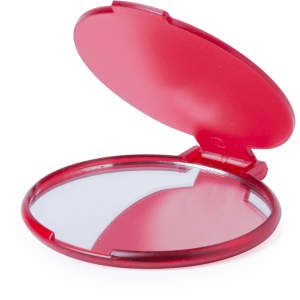 A red pocket mirror with an oval shape, featuring a clear mirror inside and a hinged opening.