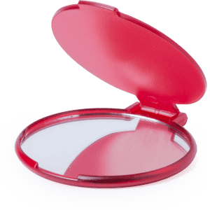 A red compact mirror with a hinged lid, featuring a reflective surface inside.