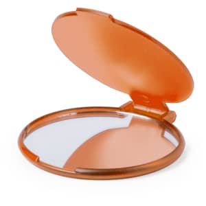 An orange pocket mirror with a hinged lid, featuring a clear reflective surface.