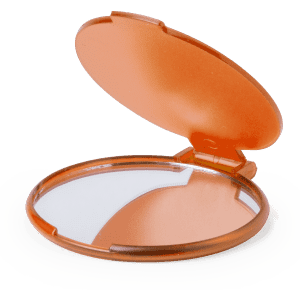 An orange pocket mirror, round in shape, with a hinged opening revealing a reflective surface inside.