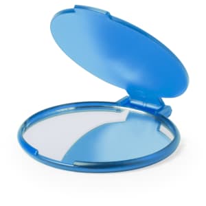 A blue pocket mirror with an oval shape, featuring a hinge that allows it to open and close.