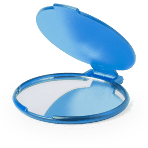 A blue pocket mirror with a hinged lid, featuring a reflective surface inside.