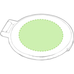 A round, green pocket mirror with a thin border and a handle. It features a simple design and has a logo.