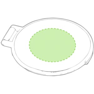 A circular pocket mirror with a light green reflective surface and a handle for easy carrying.
