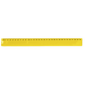 A yellow flex ruler with clear measurement markings and a logo. Ideal for various office tasks.