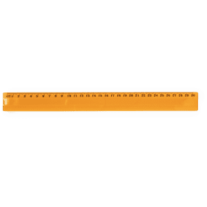 An orange flexi ruler with length markings, featuring a logo at one end.