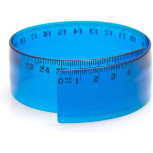 A curved blue ruler with metric measurements displayed along its length, featuring a logo on its surface.