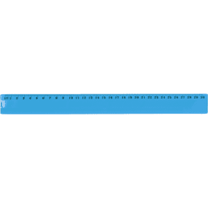 A transparent blue ruler marked with measurements up to 30 centimetres, featuring a logo.
