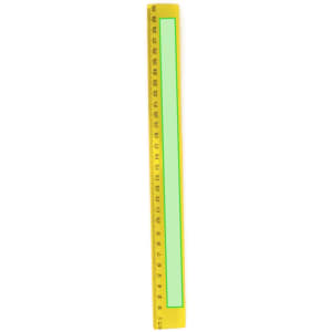 A flexible yellow ruler with a green centre section, featuring measurement markings along its length.