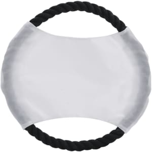 A round frisbee with a black rope handle and a white throwing surface. It features a logo on the edge.