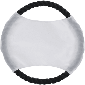 A white frisbee with a black twisted rope handle. It has a smooth surface and a circular shape.