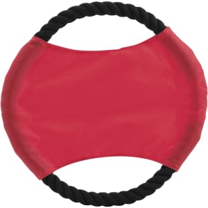 A red Frisbee with a black rope handle, featuring a branded logo on one side.