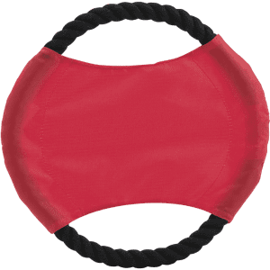A red Frisbee with a black rope handle, featuring a circular shape and a smooth fabric surface.