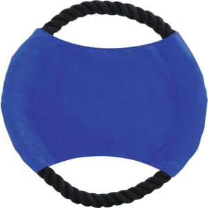A blue Frisbee with a textured surface and a black rope handle. It features a branding logo.