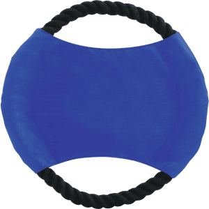 A blue Frisbee with a black rope handle, featuring a curved shape for easy throwing.