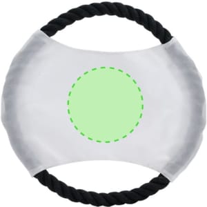 A Flybit Frisbee featuring a white outer ring and a green centre, with a black rope handle.
